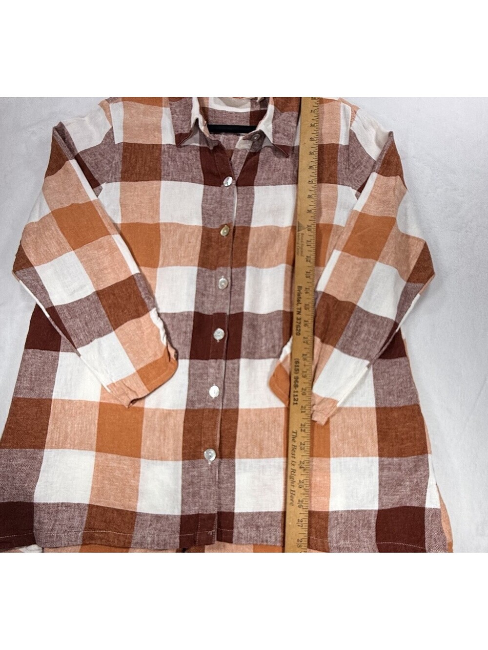Soft Surroundings XL Linen Blend Plaid Tunic Shirt Rust Brown Button Front - Picture 7 of 13